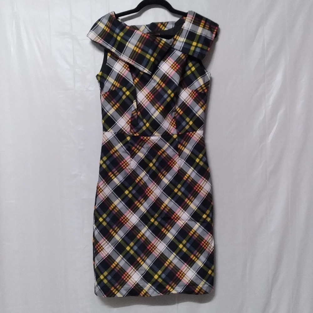 🦋 Jolie Moi Yellow Black Plaid Sheath Retro Dress